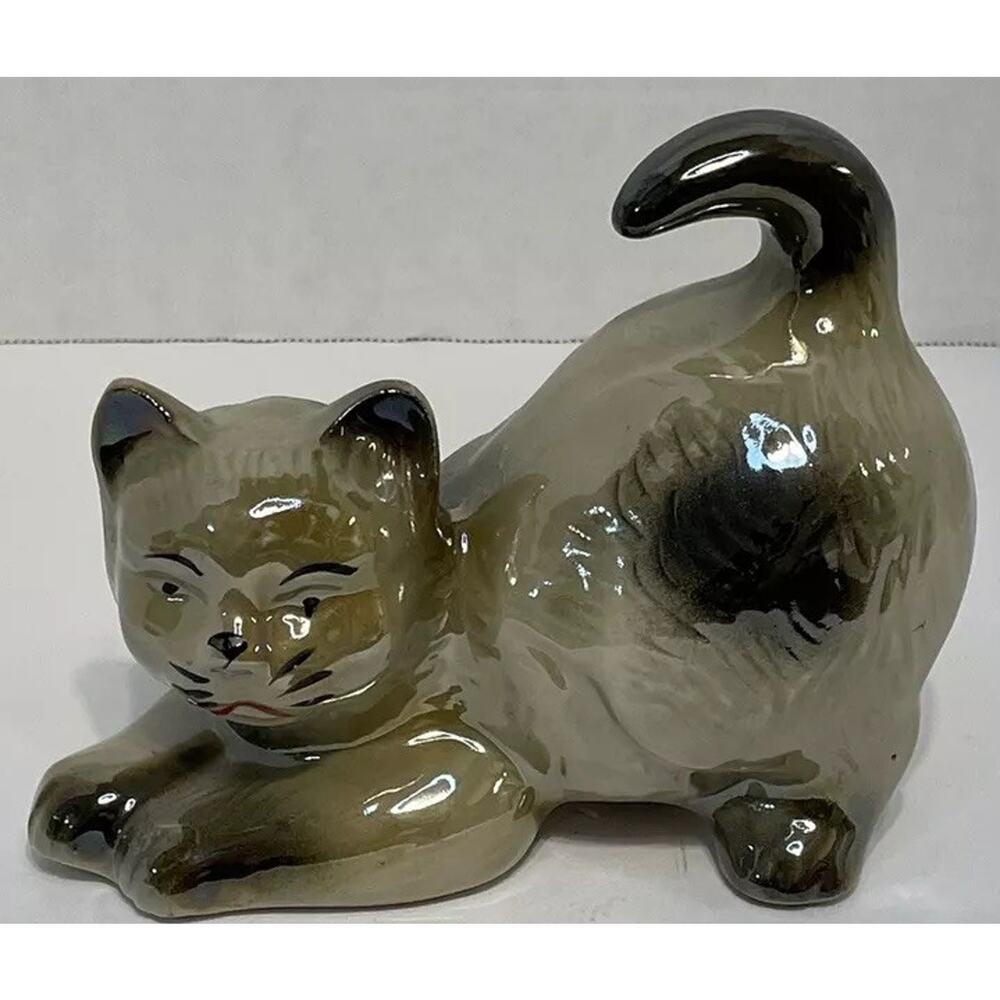 Vintage‎ Brazilian Ceramic Cat Figurine Stretching Glazed Kitty Decor